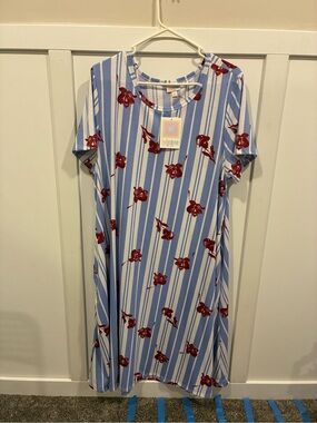LuLaRoe Blue and White Striped Dress with Red Floral Accents